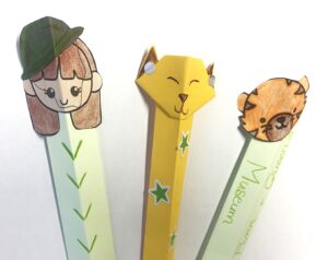 3 paper bookmarks with decorations of tigers and soldiers
