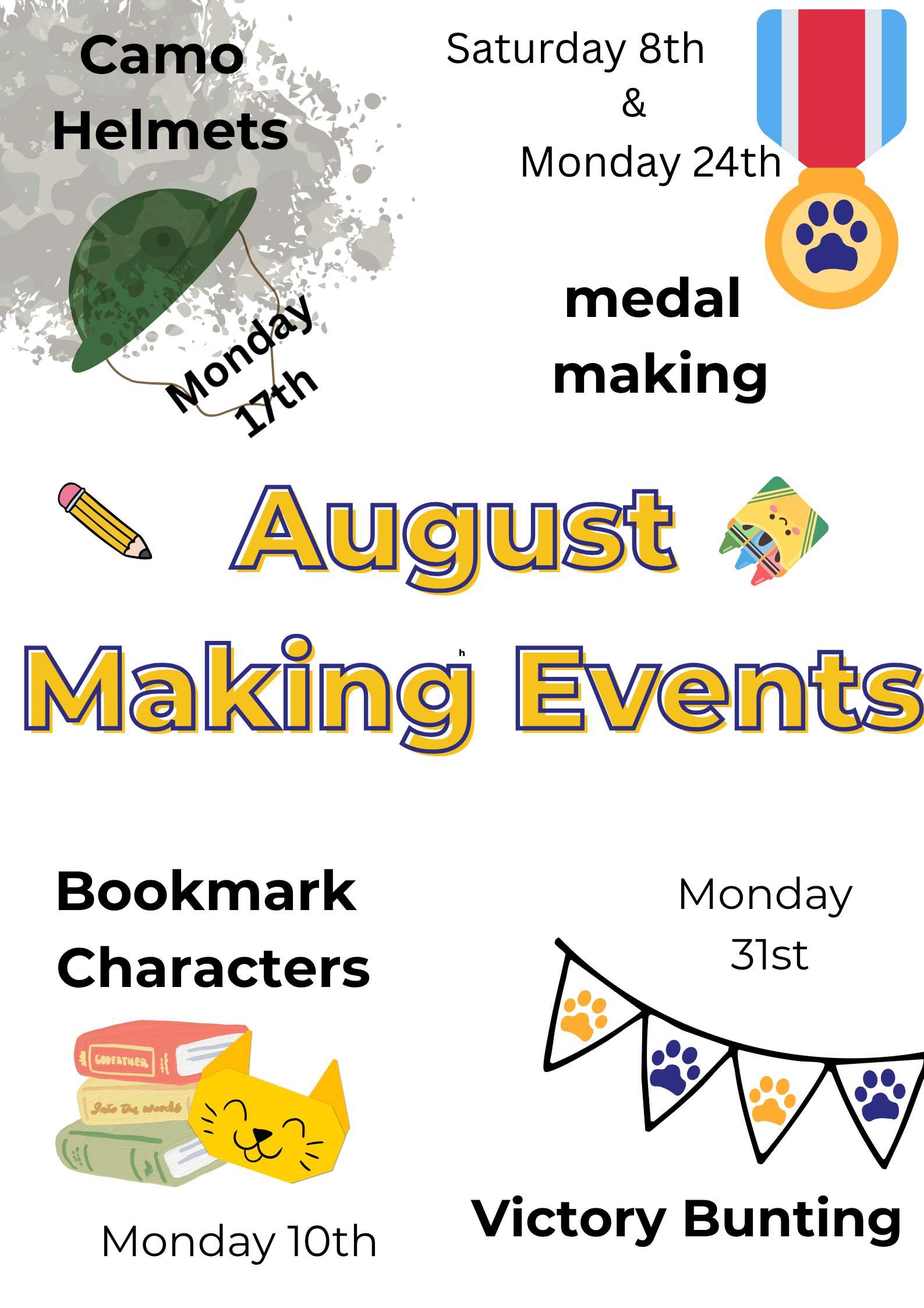events poster for August. showing cartoon images of a medal, army helmet, books and bunting