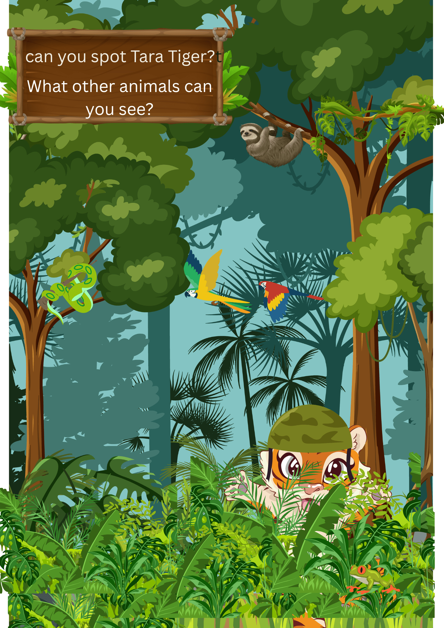 spot tara tiger. tara îs hidden in a bright colourful jungle picture with other jungle animals